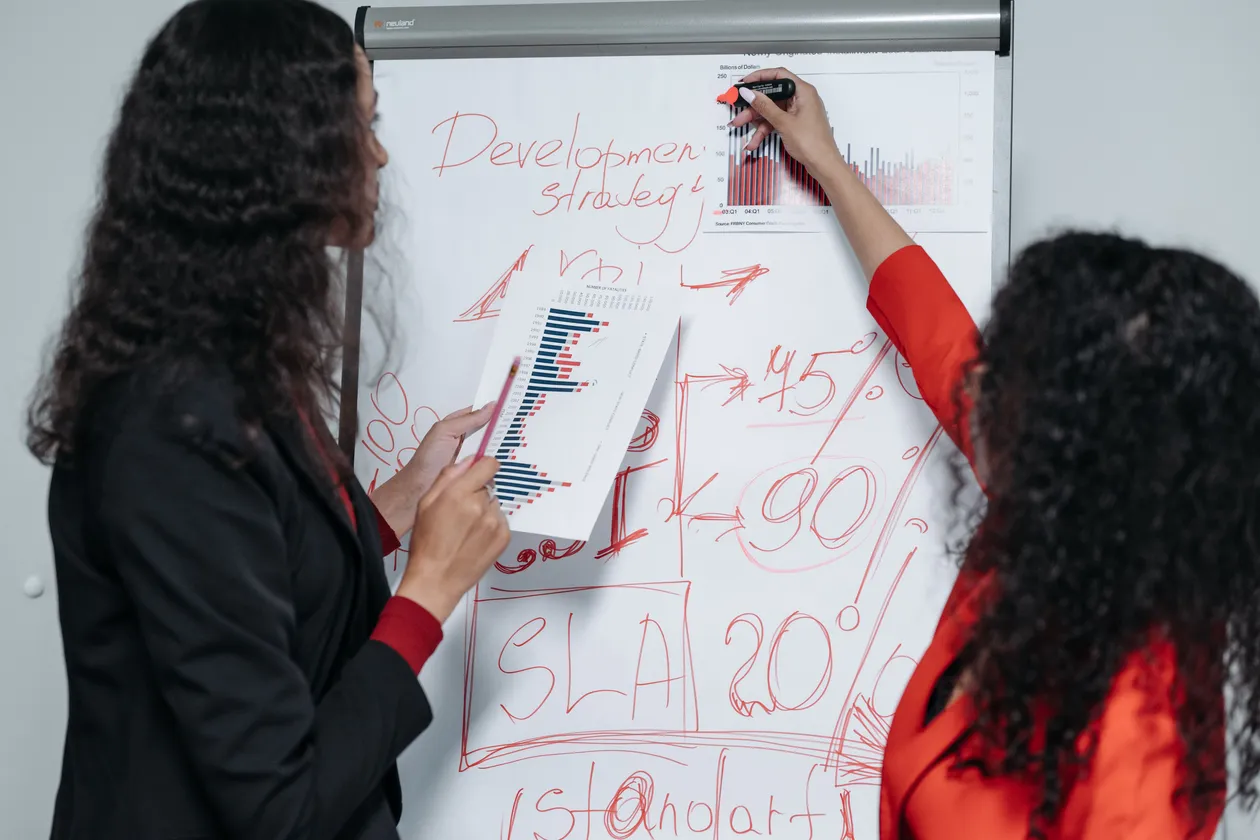 Two women reviewing charts on a whiteboard covered with red handwritten notes about development strategy, KPIs, and SLAs